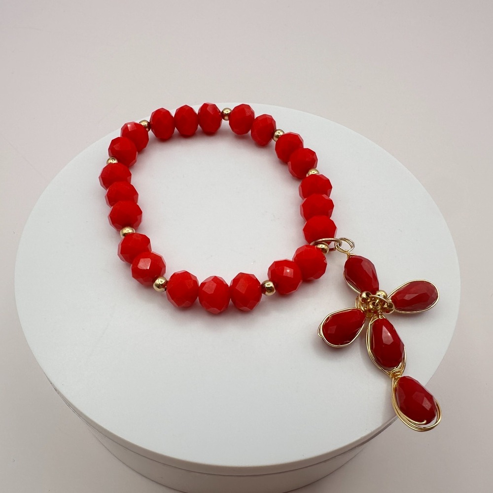 Vintage Y2K Gold Tone Red Beaded Cross Charm Bracelet Women's Jewelry